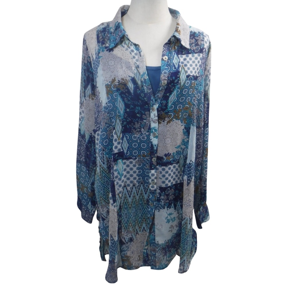 Cloth & Portrait‎ Womens XL Blue Patchwork Paisley Button Down Tunic Blouse Top